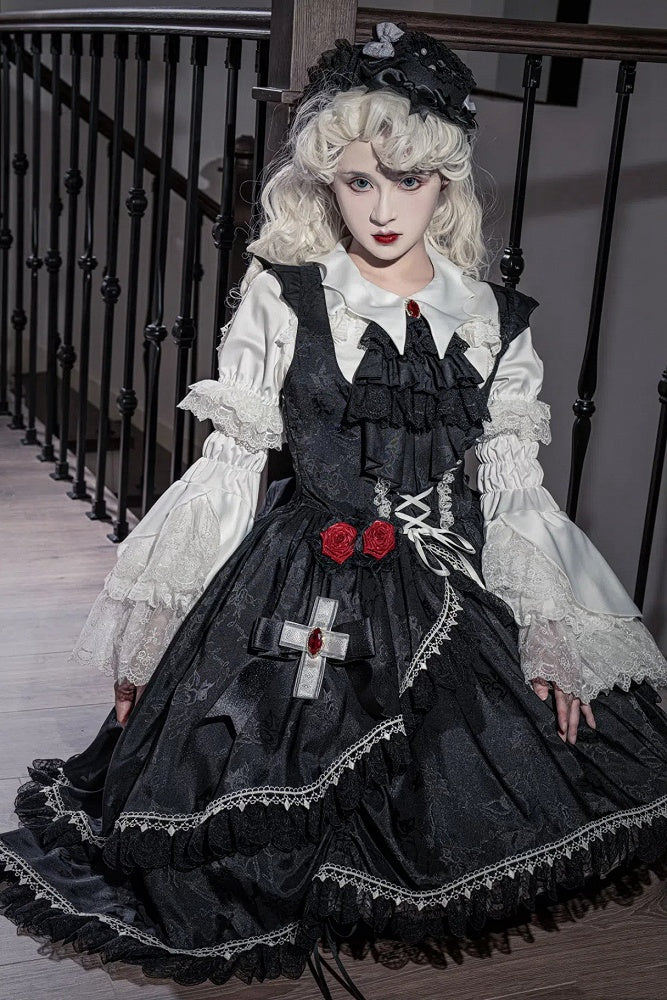 Black High-low Skirt Gothic Lolita Dress Bat Wing Shaped Shoulder Straps