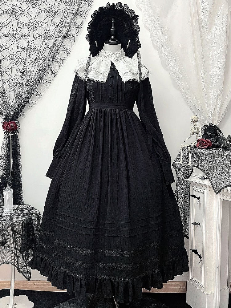 Black Gothic Kuro Lolita High Waist Long Sleeves Dress + Collar