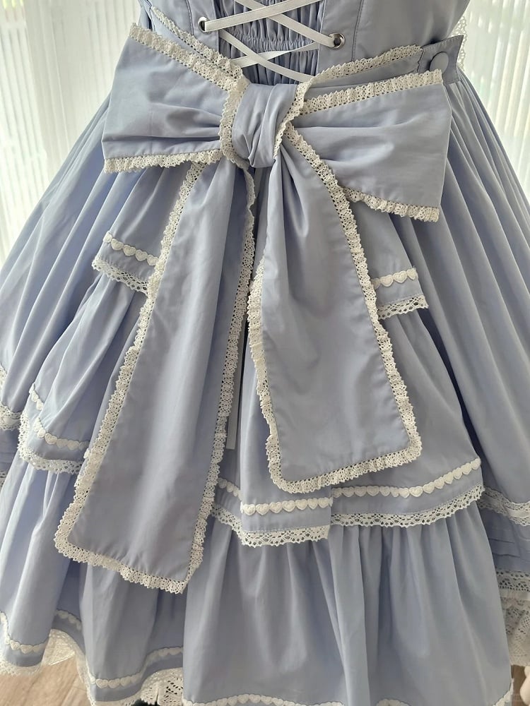 Blue Sweet Cotton Dress Bowknot High Waist Lolita Jumper Skirt
