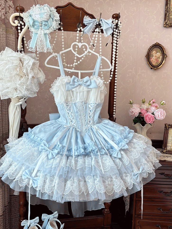 Blue and White Lace-up Boned Waist Layered Lace Hem Balletcore Sweet Lolita Jumper Skirt with Big Bow Train