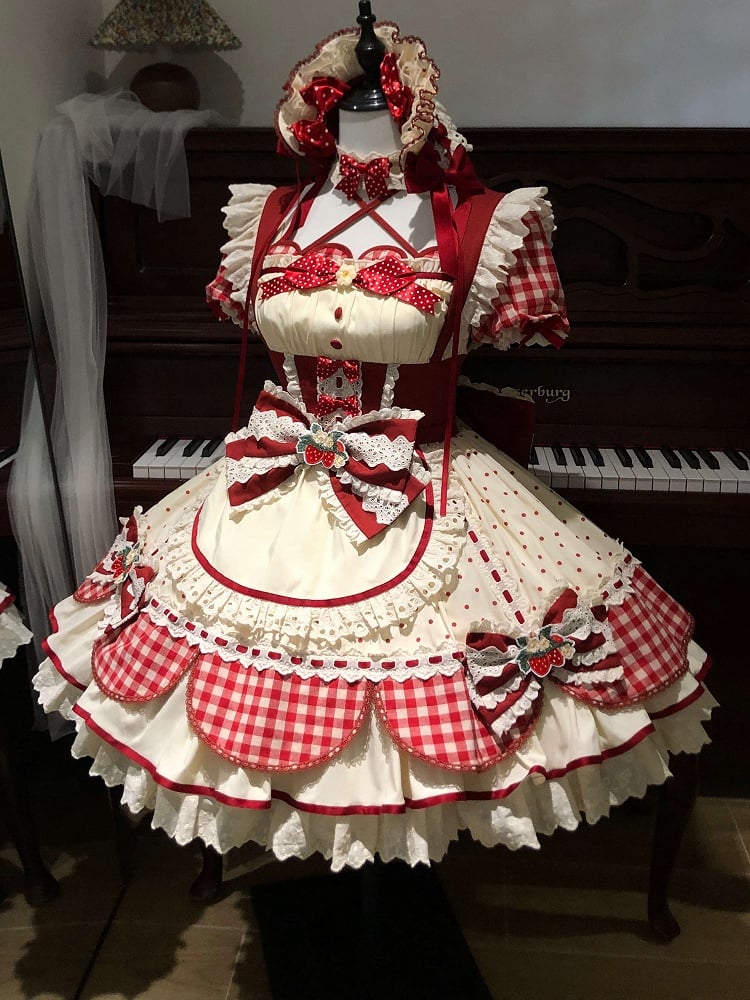Strawberry Bows Red Gingham and Polka Dots Pattern Lolita Sweet Dress