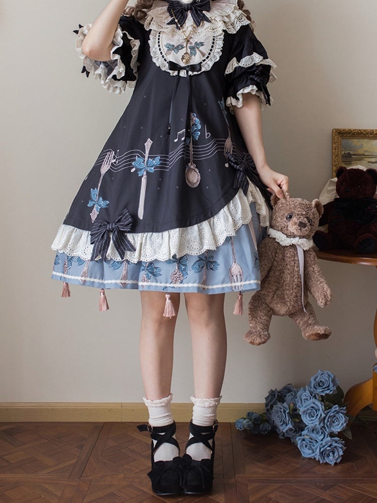 Staff and Musical Note Print Short Sleeves Lolita Dress Tassel Charms Hemline