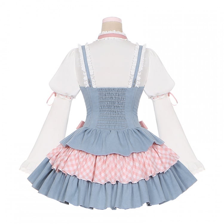 Sweet Lolita Dress Blue and Pink Bowknots Lace-up Waist Balletcore Jumper Skirt