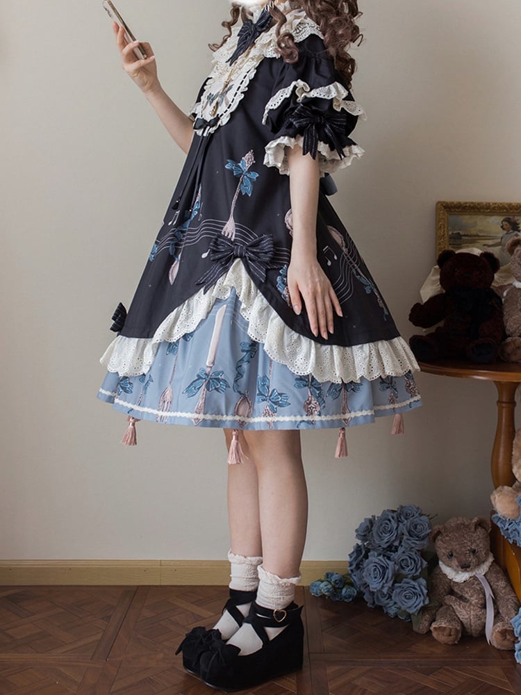 Staff and Musical Note Print Short Sleeves Lolita Dress Tassel Charms Hemline