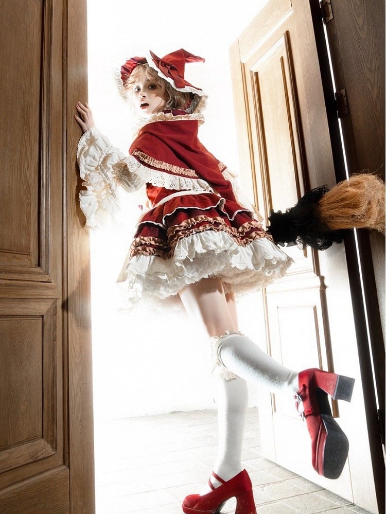 Magic Cabinet and Red Plaid Pattern Print Sweet Lolita Overall Dress Full Set