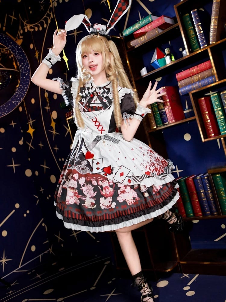 Alice in Wonderland Vibes Black and Red Bunny and Teapot Print Apron Dress Sweet Lolita OP / Full Set