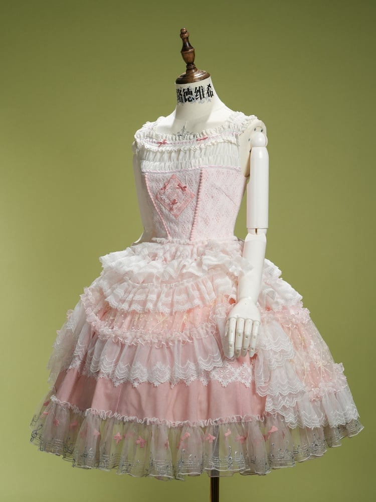 Pink Musical Note Embroidery Layered Tulle Skirt Princess Lolita Jumper Skirt