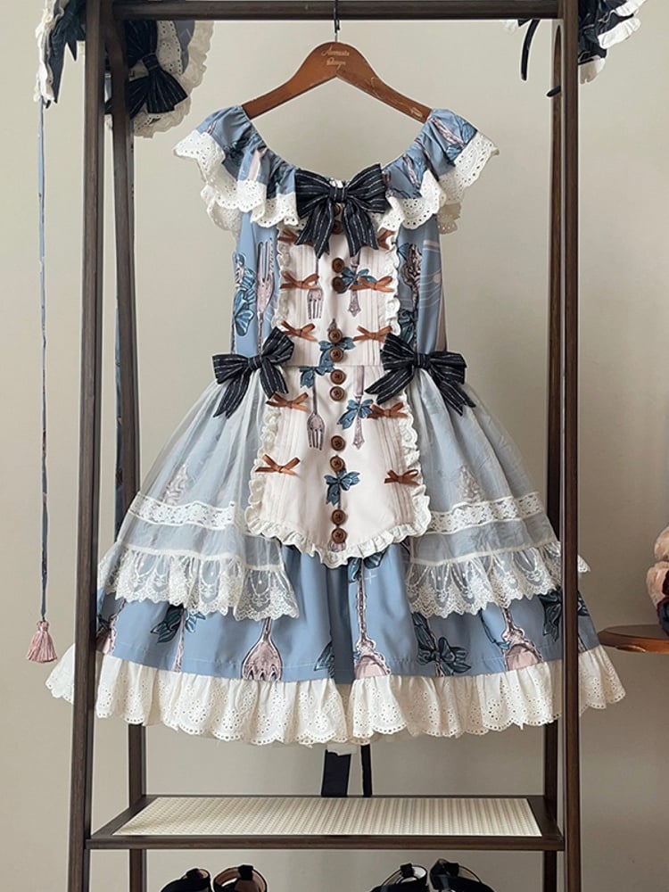 Knife and Fork Print Blue Peter Pan Collar Sweet Lolita Jumper Skirt