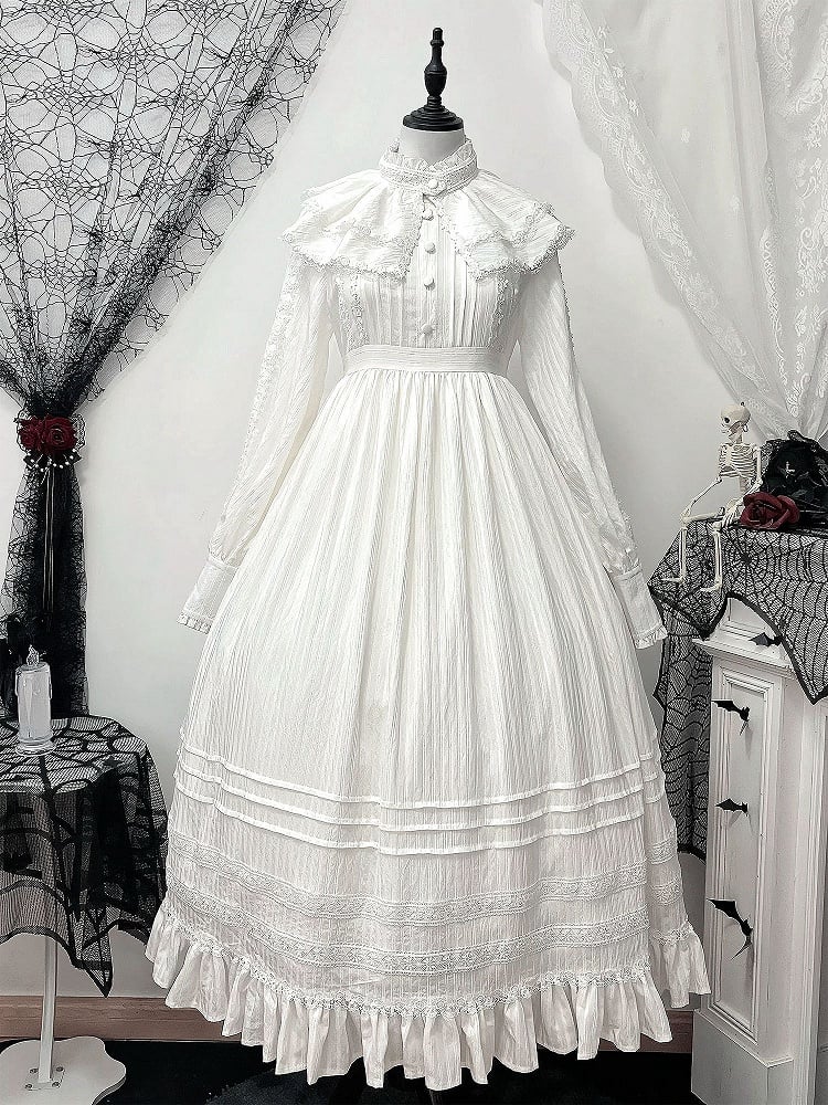 White Gothic Shiro Lolita High Waist Long Sleeves Dress + Collar