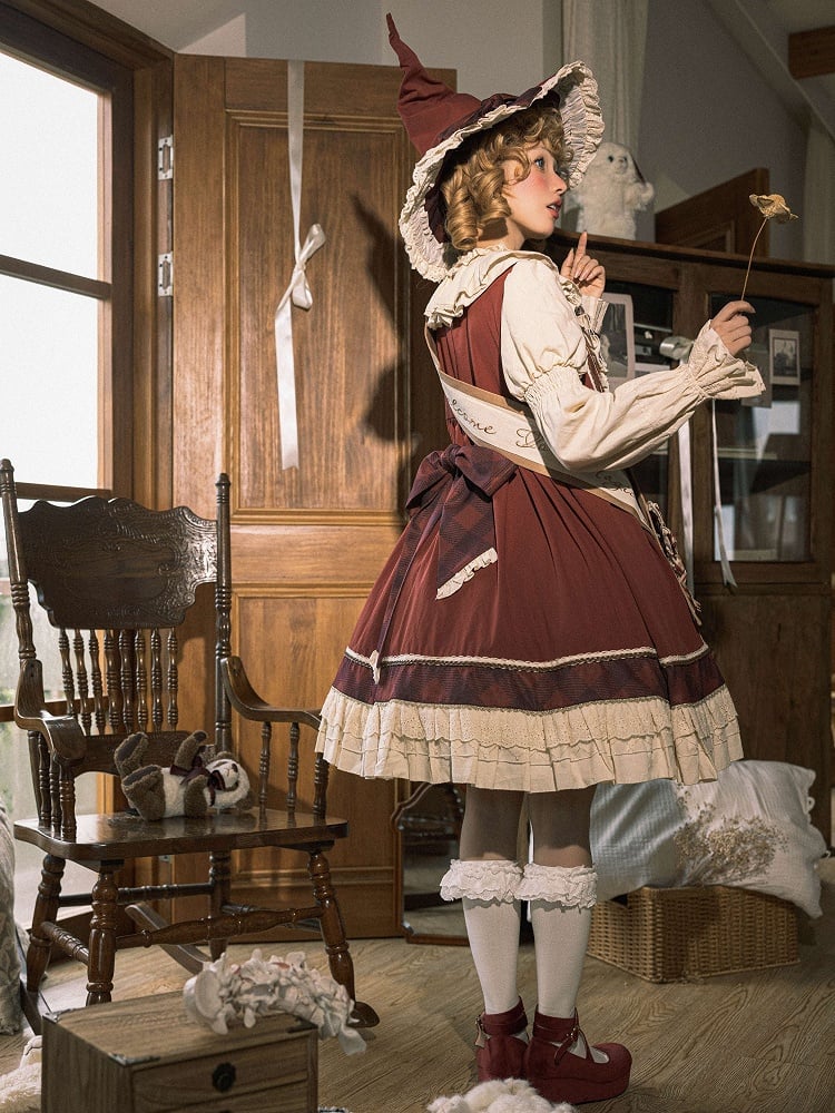 Red Plaid and Magic Cabinet Print Beige Long Sleeves Dress Sweet Lolita OP Full Set