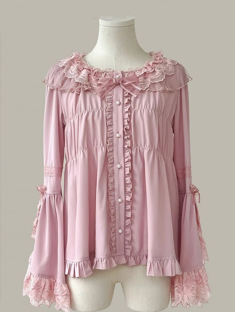 Pink Ruffle Neckline Long Bell Sleeves Blouse