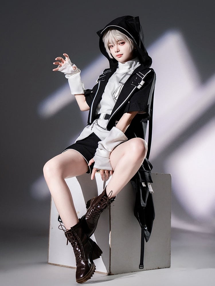 Cyberpunk Techwear Ouji Fashion Black Cat Ears Hooded Coat