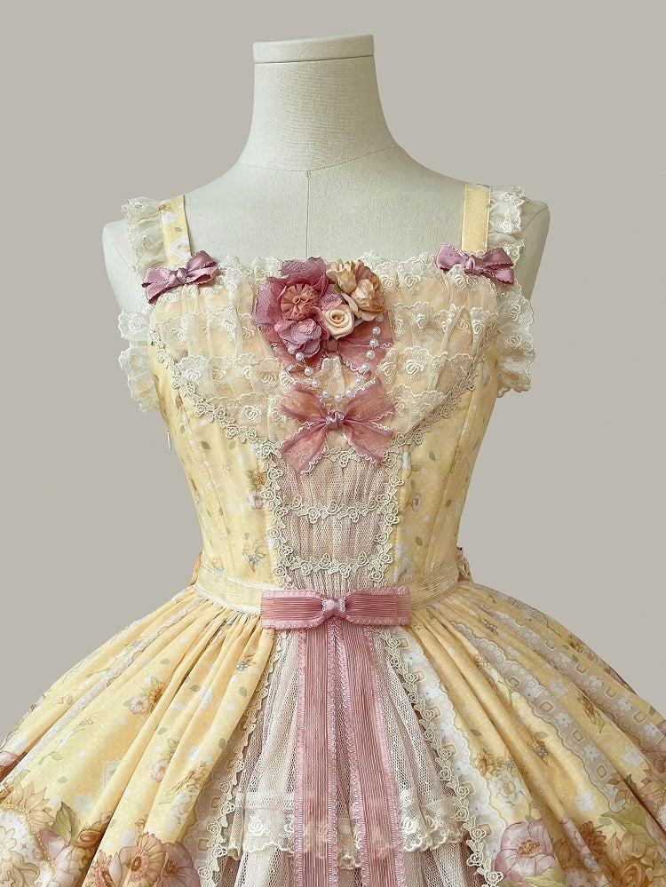Farm Ducks and Sunflowers Print Yellow Sweet Lolita Jumper Skirt