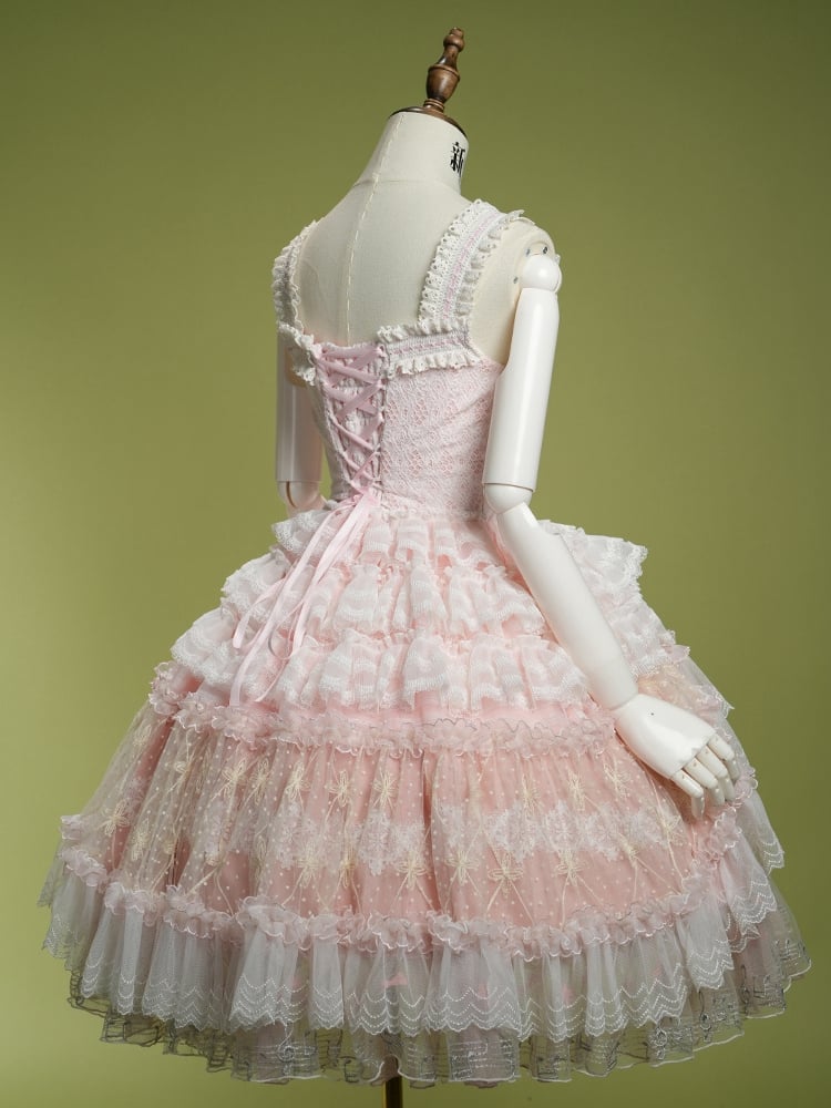 Pink Musical Note Embroidery Layered Tulle Skirt Princess Lolita Jumper Skirt