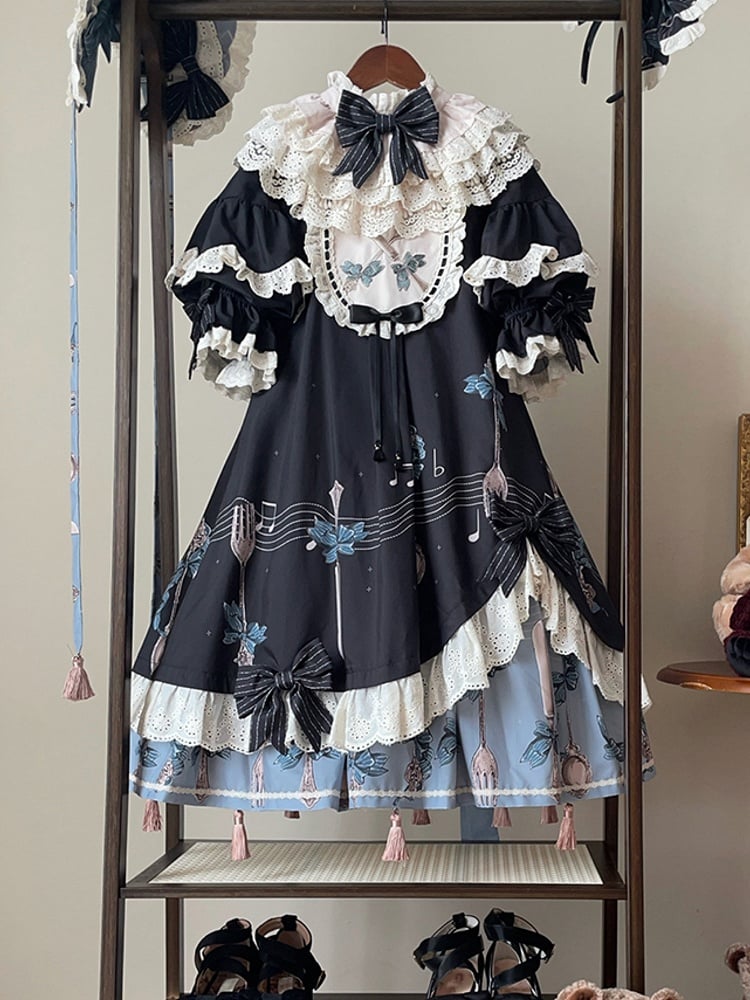 Staff and Musical Note Print Short Sleeves Lolita Dress Tassel Charms Hemline