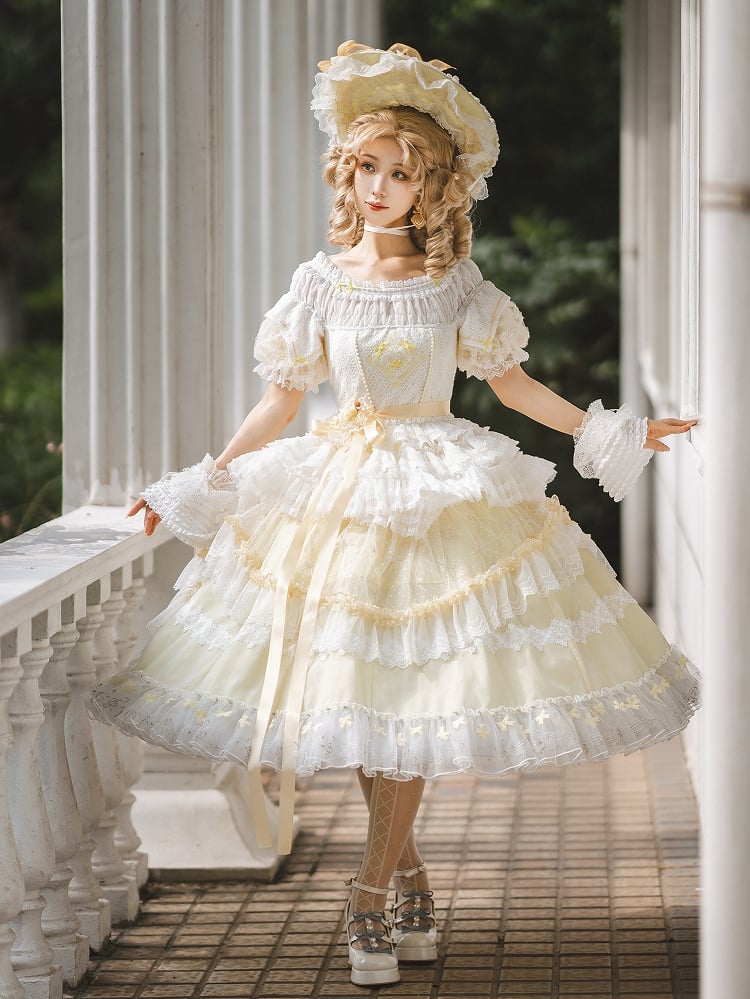 Yellow Princess Puff Sleeves Musical Note Embroidery Lolita Hime Tulle Dress