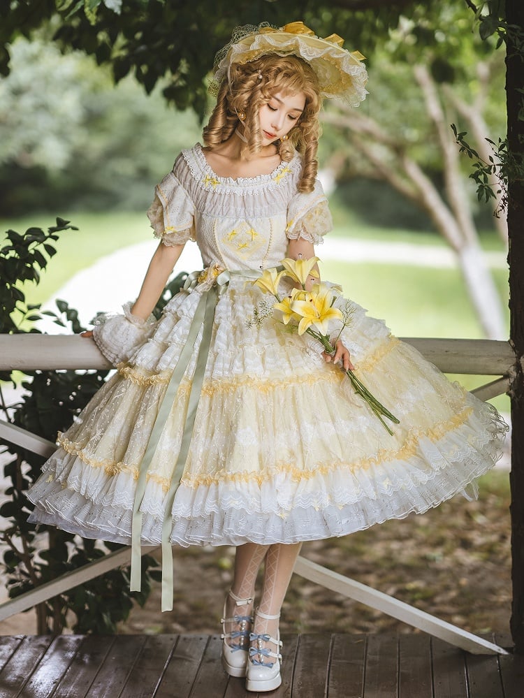 Yellow Princess Puff Sleeves Musical Note Embroidery Lolita Hime Tulle Dress