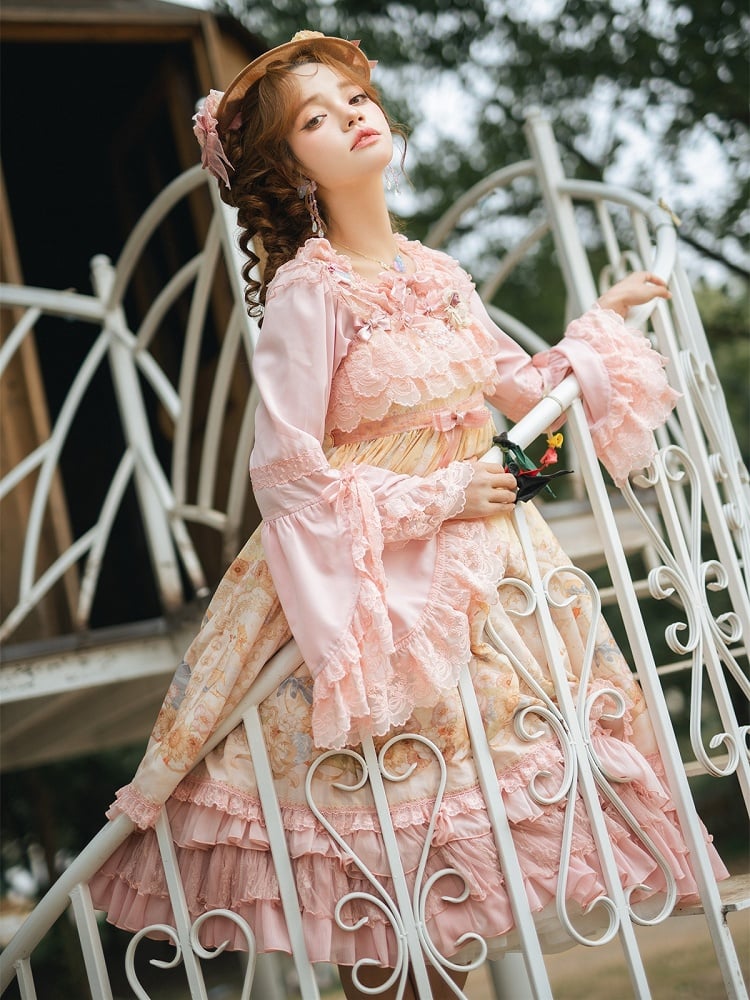 Pink Ruffle Neckline Long Bell Sleeves Blouse