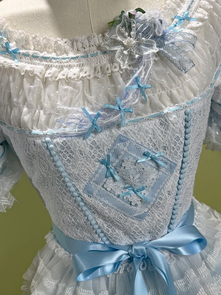Blue Princess Puff Sleeves Musical Note Embroidery Lolita Hime Tulle Dress