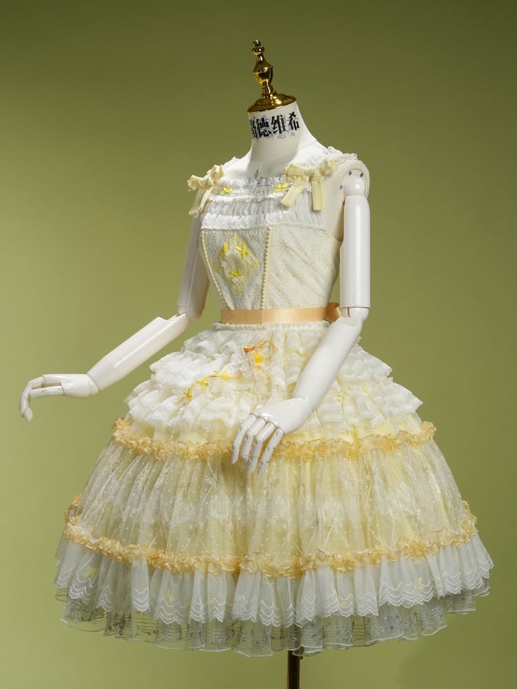 Yellow Musical Note Embroidery Layered Tulle Skirt Princess Lolita Jumper Skirt