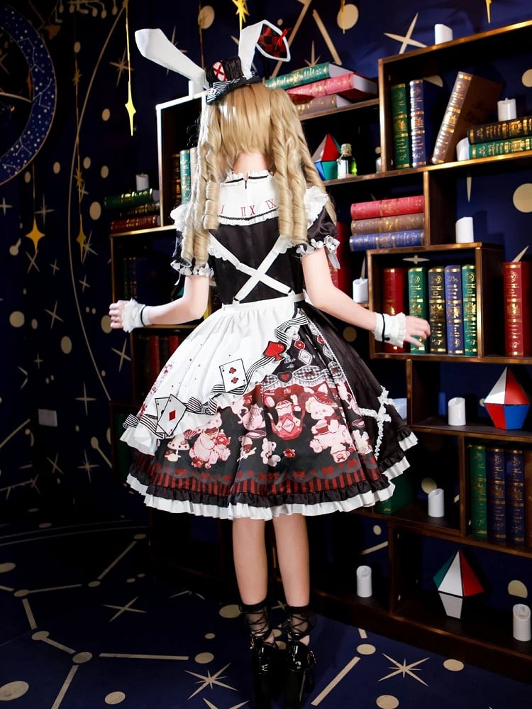 Alice in Wonderland Vibes Black and Red Bunny and Teapot Print Apron Dress Sweet Lolita OP / Full Set