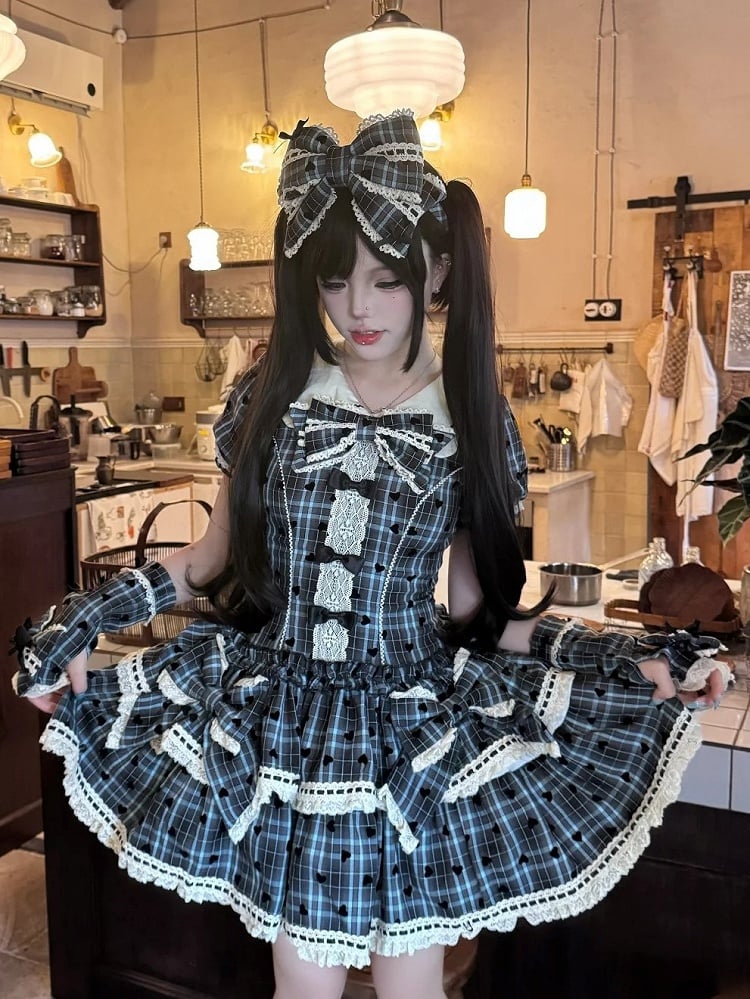 Blue Plaid and Heart Print Pattern Punk Lolita Short Sleeves Dress + Bloomers
