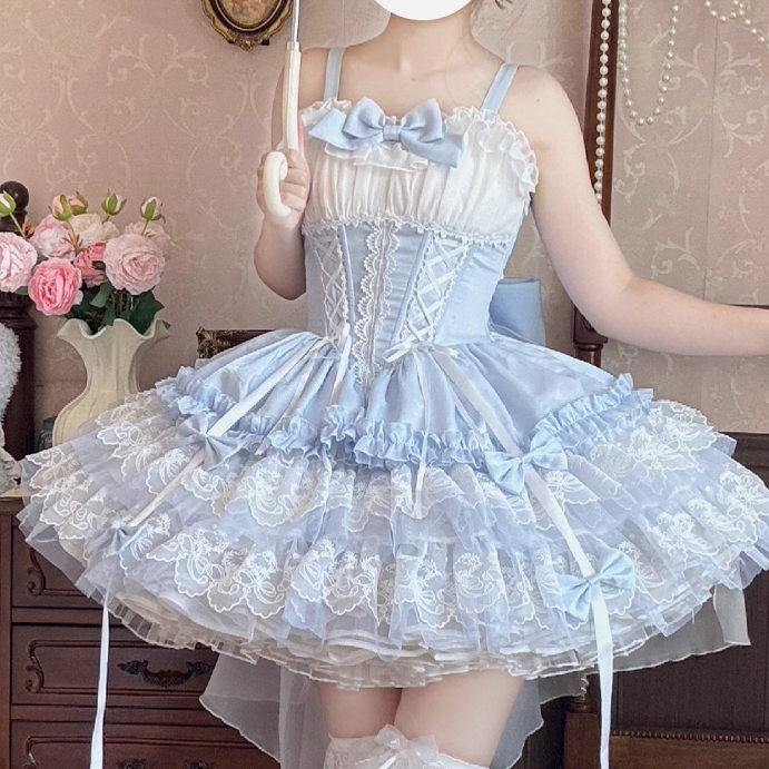 Blue and White Lace-up Boned Waist Layered Lace Hem Balletcore Sweet Lolita Jumper Skirt with Big Bow Train