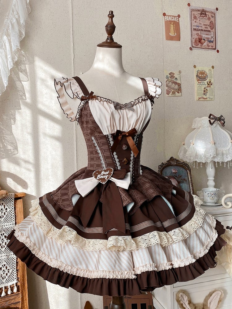 Brown Boned Waist Chocolate Print Puffy Dress Sweet Lolita Jumper Skirt
