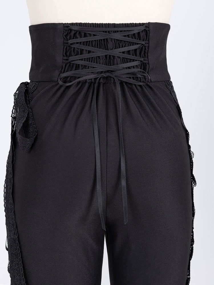 Boned High-Waisted Side-Tie Lace Flared Pants – Black Elegance
