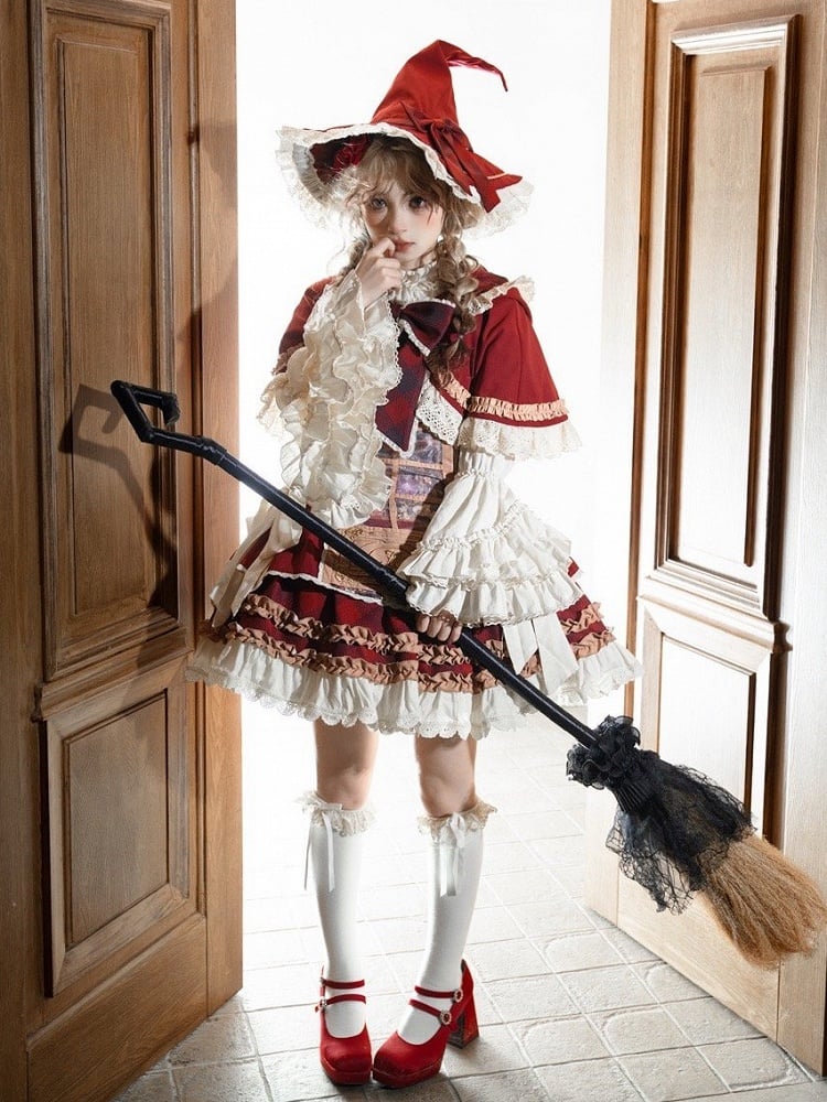Magic Cabinet and Red Plaid Pattern Print Sweet Lolita Overall Dress Full Set