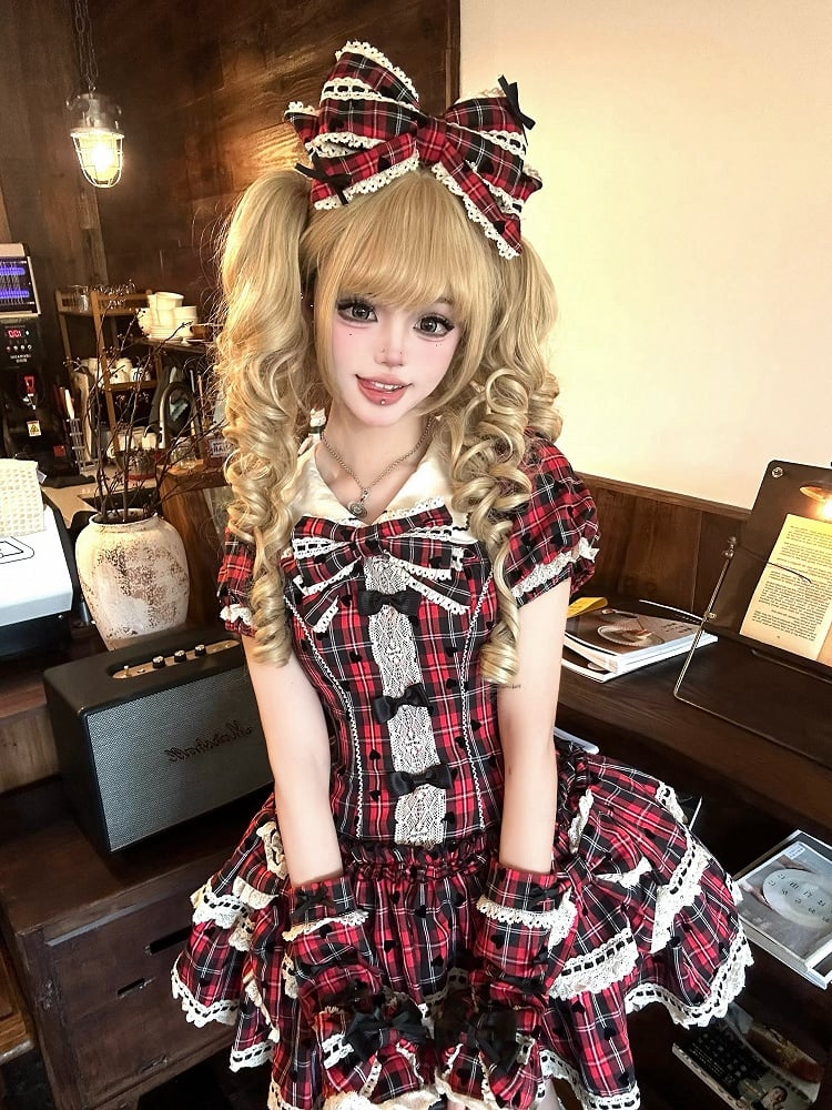 Red Plaid and Heart Print Pattern Punk Lolita Short Sleeves Dress + Bloomers