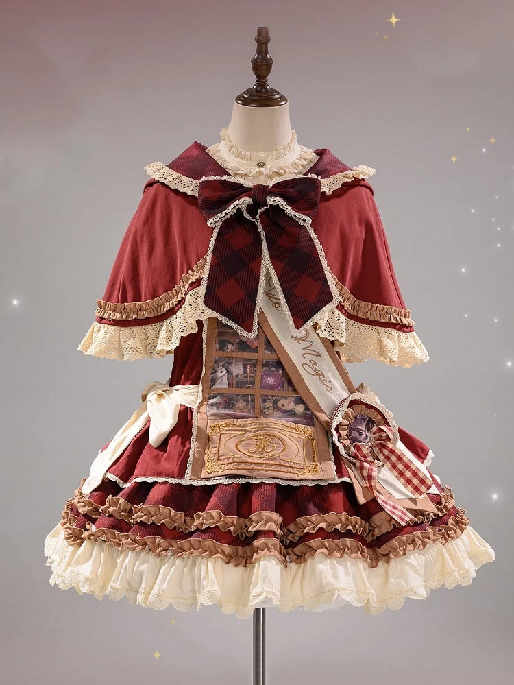 Magic Cabinet and Red Plaid Pattern Print Sweet Lolita Overall Dress Full Set