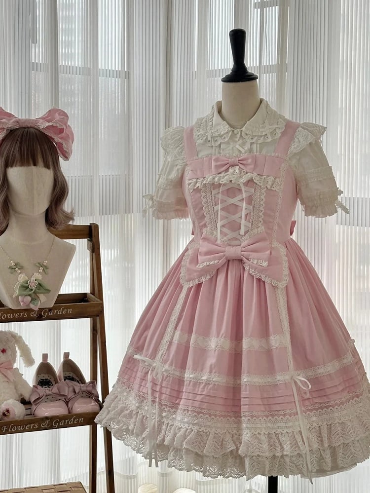 Pink Sweet Cotton Dress Bowknot High Waist Lolita Jumper Skirt