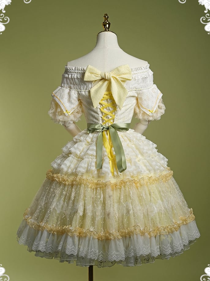 Yellow Princess Puff Sleeves Musical Note Embroidery Lolita Hime Tulle Dress
