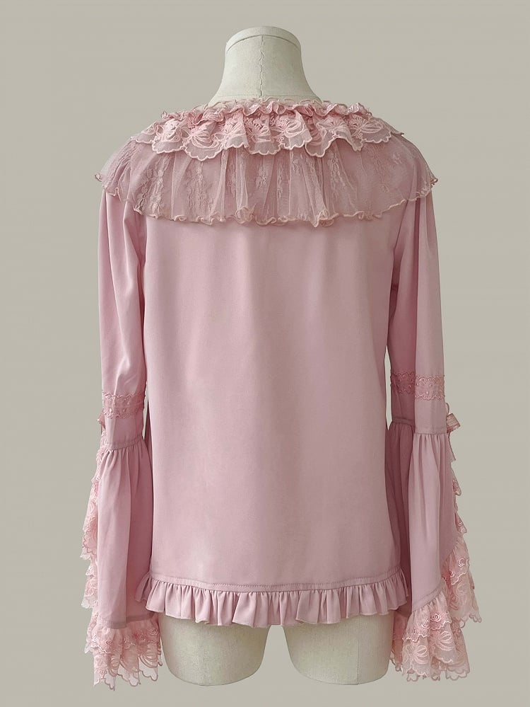 Pink Ruffle Neckline Long Bell Sleeves Blouse
