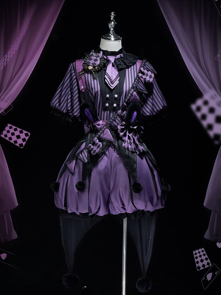 Clearance-Size L for Bust 100CM Kuromi Black and Purple Bunny Theme Circus Vibes Ouji Lolita Striped Pattern Top + Waist 64-74CM Bloomers Set