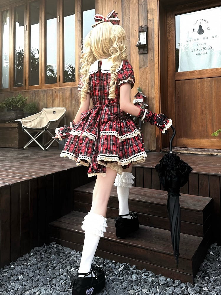 Red Plaid and Heart Print Pattern Punk Lolita Short Sleeves Dress + Bloomers