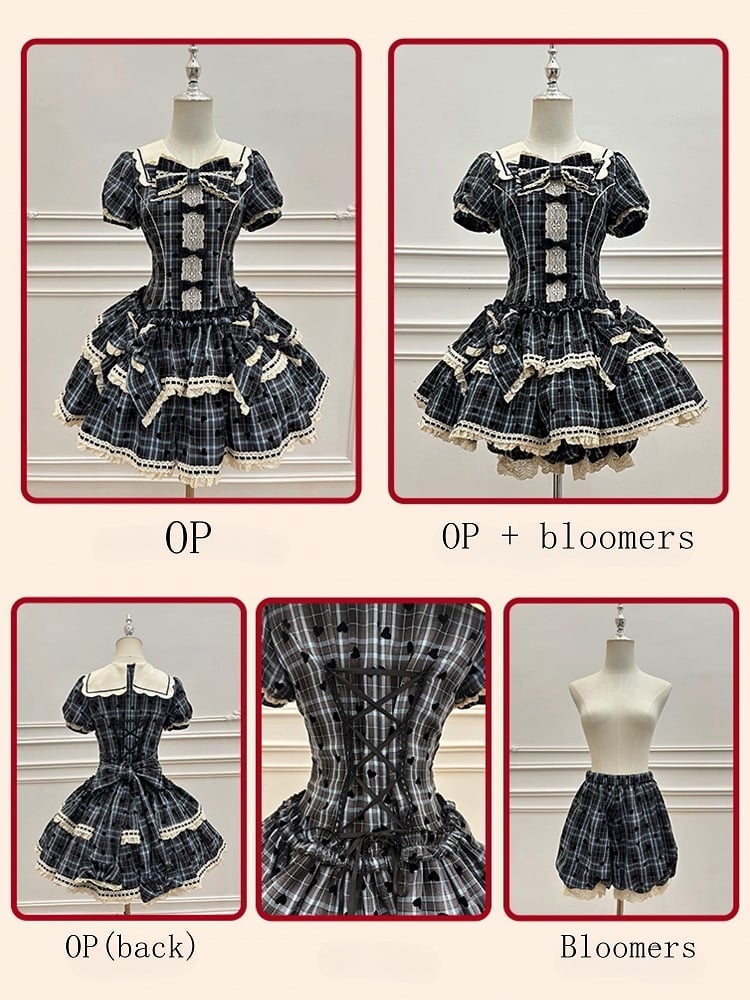 Blue Plaid and Heart Print Pattern Punk Lolita Short Sleeves Dress + Bloomers