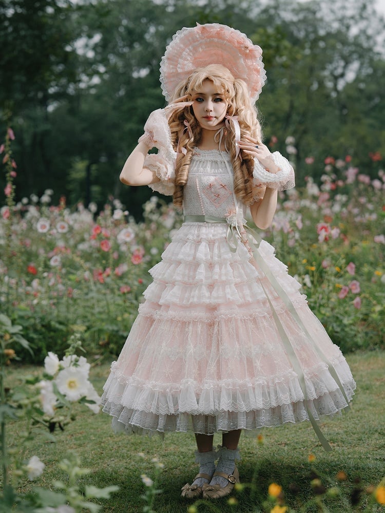 Pink Princess Puff Sleeves Musical Note Embroidery Lolita Hime Tulle Dress