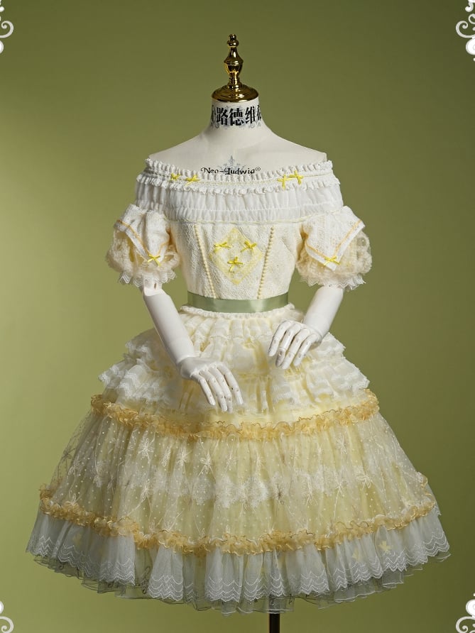 Yellow Princess Puff Sleeves Musical Note Embroidery Lolita Hime Tulle Dress
