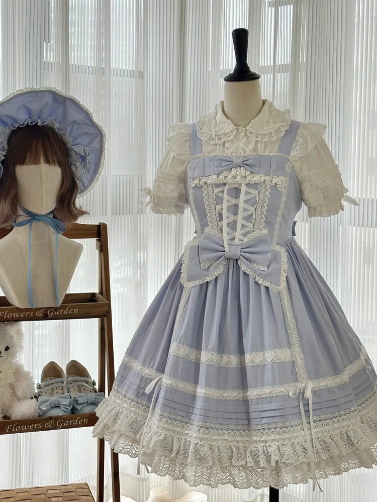 Blue Sweet Cotton Dress Bowknot High Waist Lolita Jumper Skirt