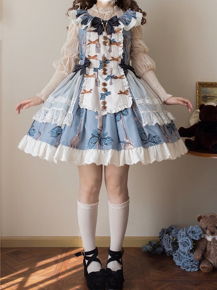 Knife and Fork Print Blue Peter Pan Collar Sweet Lolita Jumper Skirt