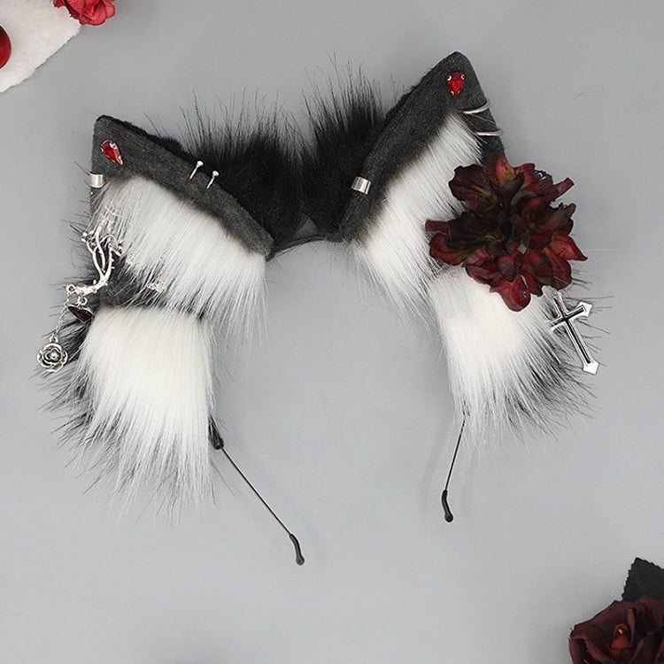 Black&White/All Black Punk Lolita Floral Design Cross Charm Shaggy Kitty Ear KC