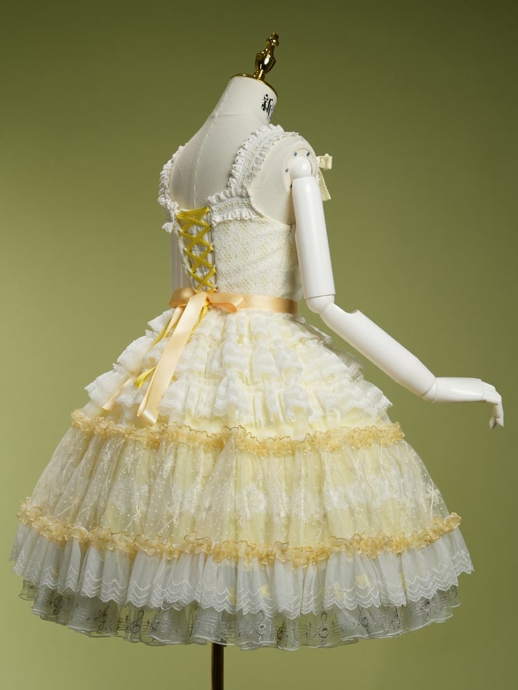 Yellow Musical Note Embroidery Layered Tulle Skirt Princess Lolita Jumper Skirt