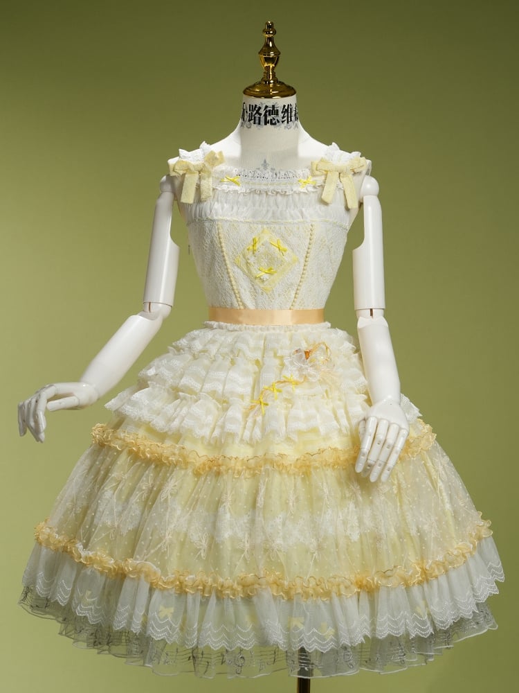 Yellow Musical Note Embroidery Layered Tulle Skirt Princess Lolita Jumper Skirt