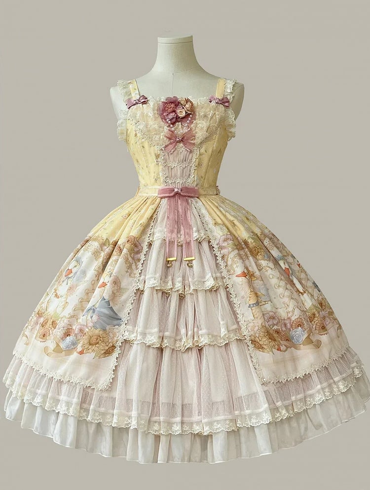 Farm Ducks and Sunflowers Print Yellow Sweet Lolita Jumper Skirt