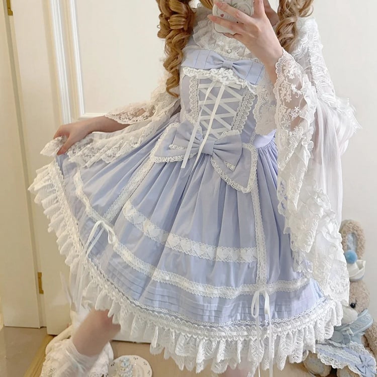 Blue Sweet Cotton Dress Bowknot High Waist Lolita Jumper Skirt