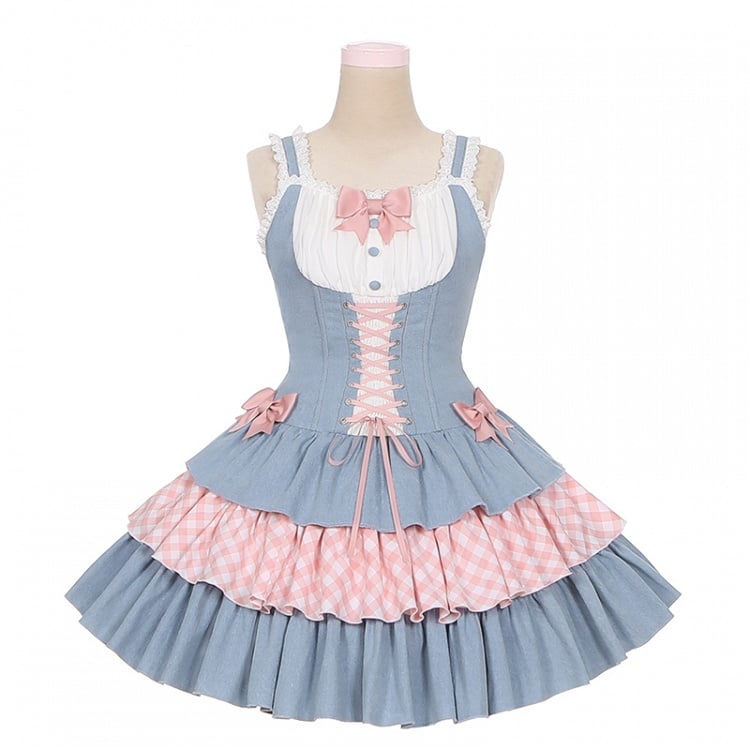 Sweet Lolita Dress Blue and Pink Bowknots Lace-up Waist Balletcore Jumper Skirt