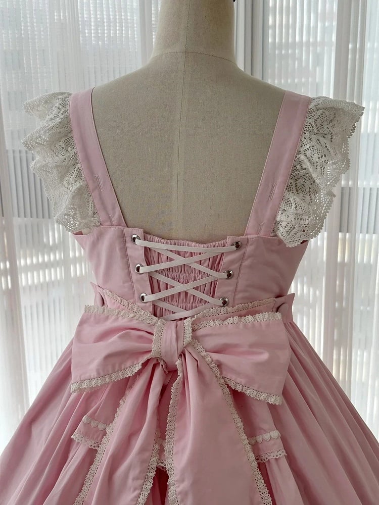 Pink Sweet Cotton Dress Bowknot High Waist Lolita Jumper Skirt