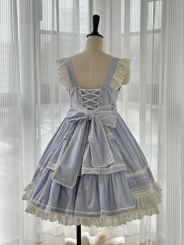 Blue Sweet Cotton Dress Bowknot High Waist Lolita Jumper Skirt